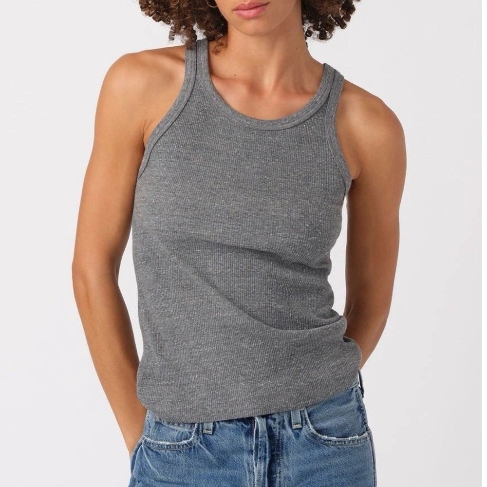 AMO Ribbed Tank Top Womens Large Grey Scoop Neck Sleeveless Cotton Blend USA